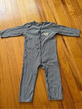 Striped Navy and White Baby One-Piece Romper with Bear Patch